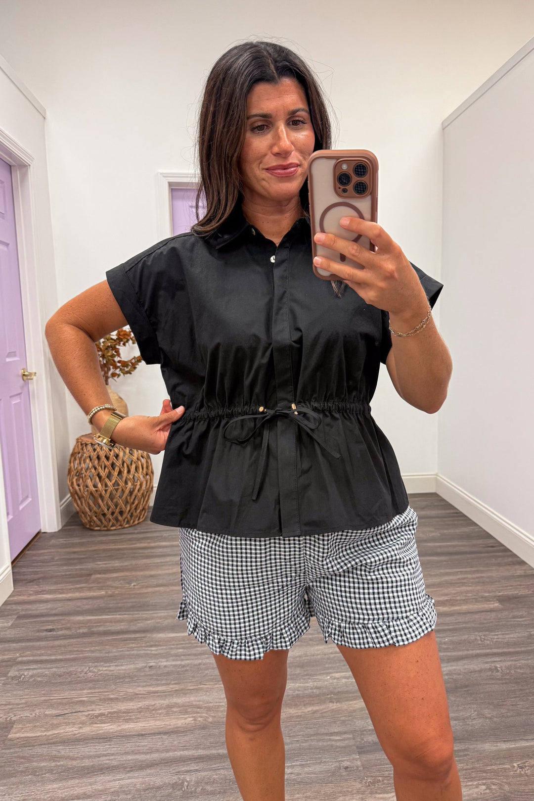 casual cute black cinched waist collared short sleeve blouse