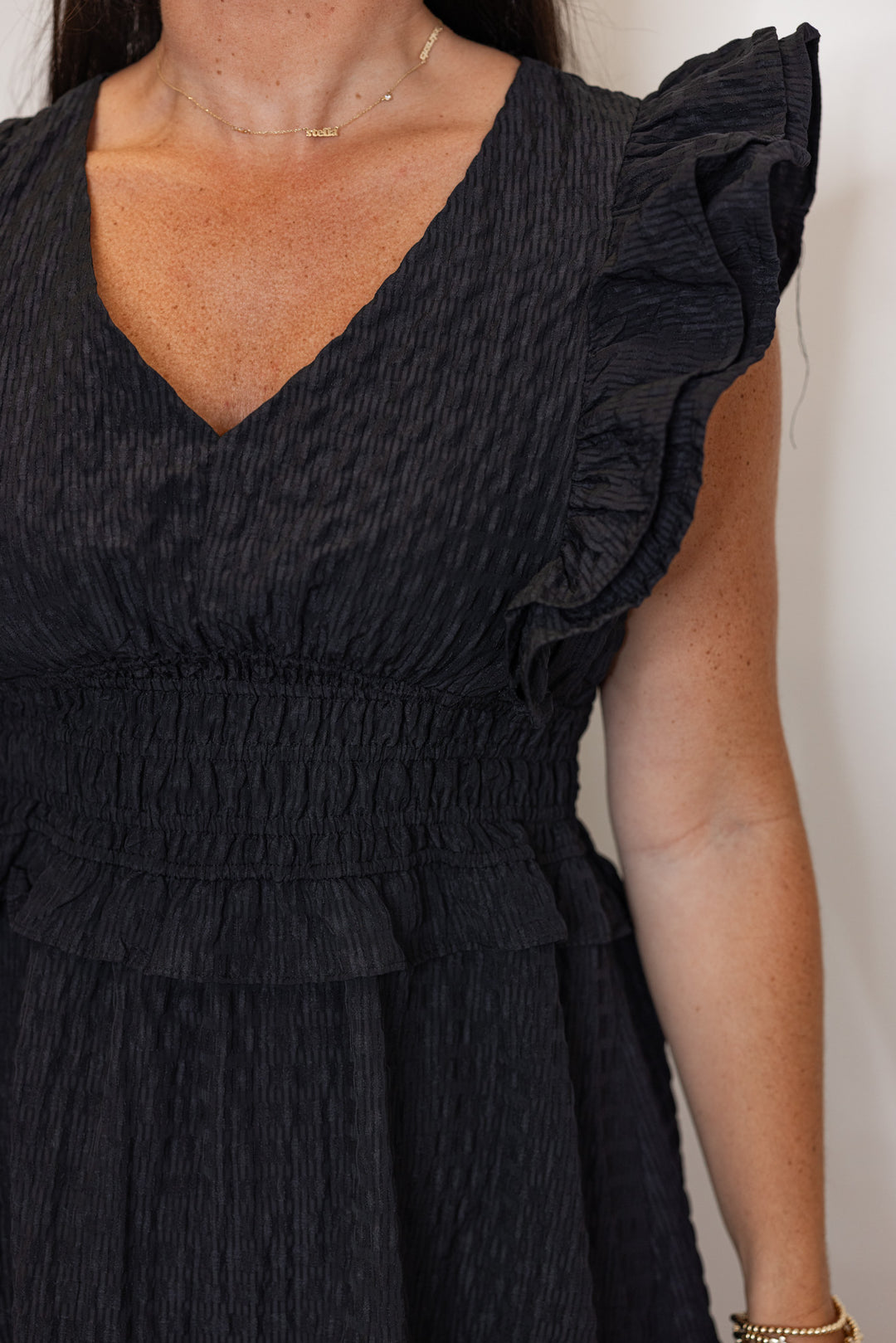 black crinkle fabric ruffled midi dress