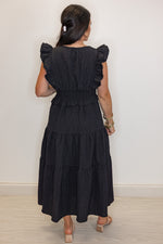 black crinkle fabric ruffled midi dress