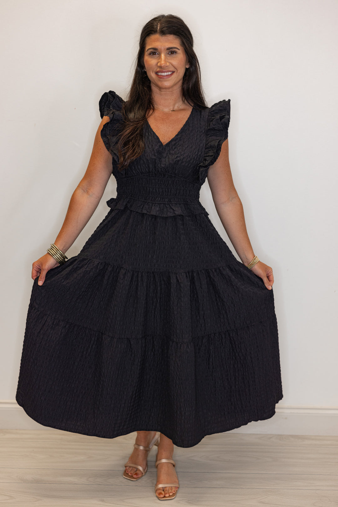 black crinkle fabric ruffled midi dress