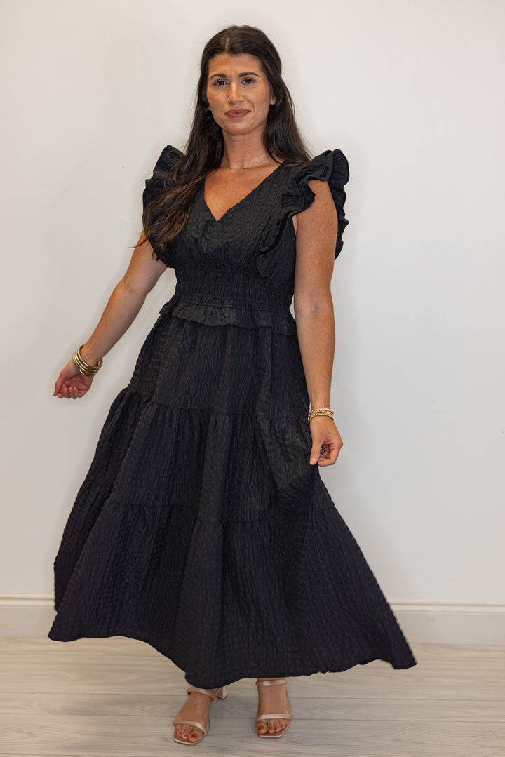 black crinkle fabric ruffled midi dress