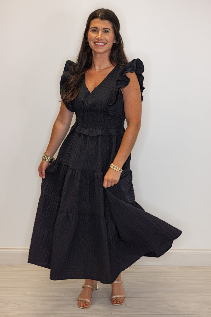black crinkle fabric ruffled midi dress