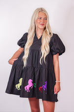 colorful sequin horse black babydoll dress