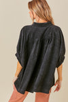 Bibi Black corduroy button down top with shirred sleeves