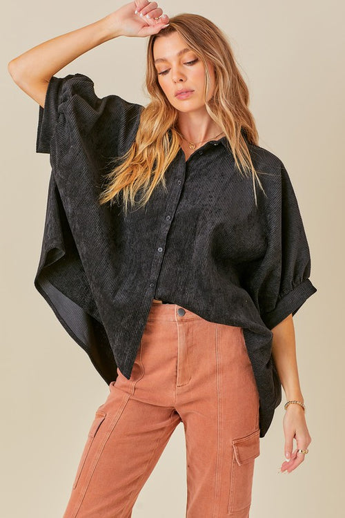 Bibi Black corduroy button down top with shirred sleeves