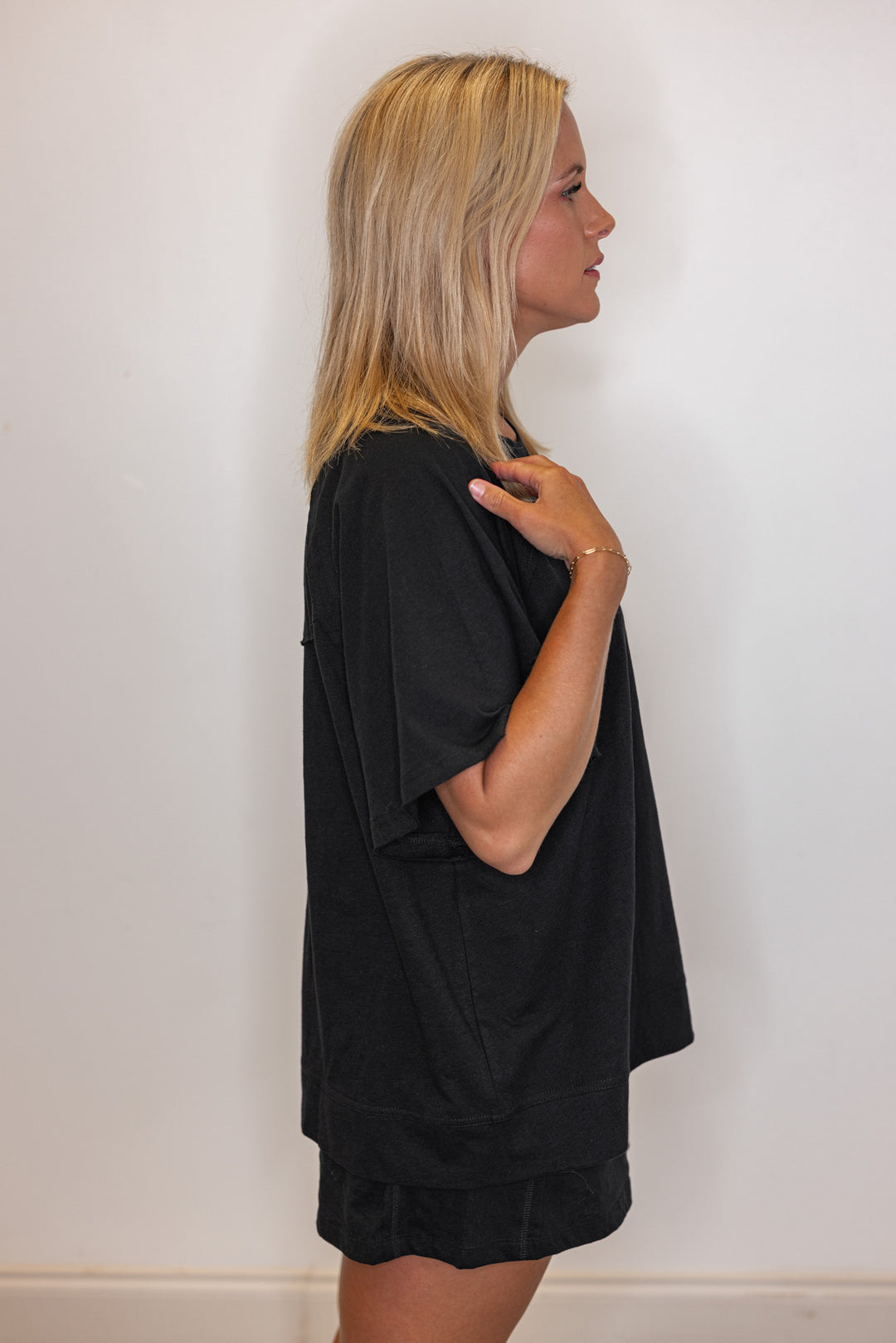 Black cotton slub knit shorts and top set by Rae Mode showing up close side view