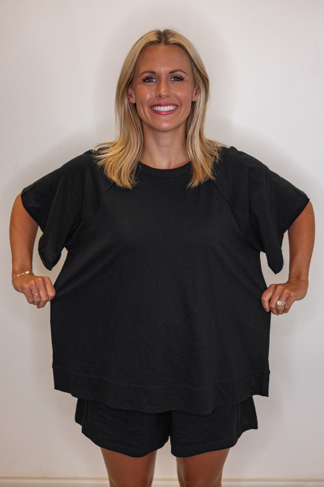 Black cotton slub knit shorts and top set by Rae Mode showing tops relaxed fit