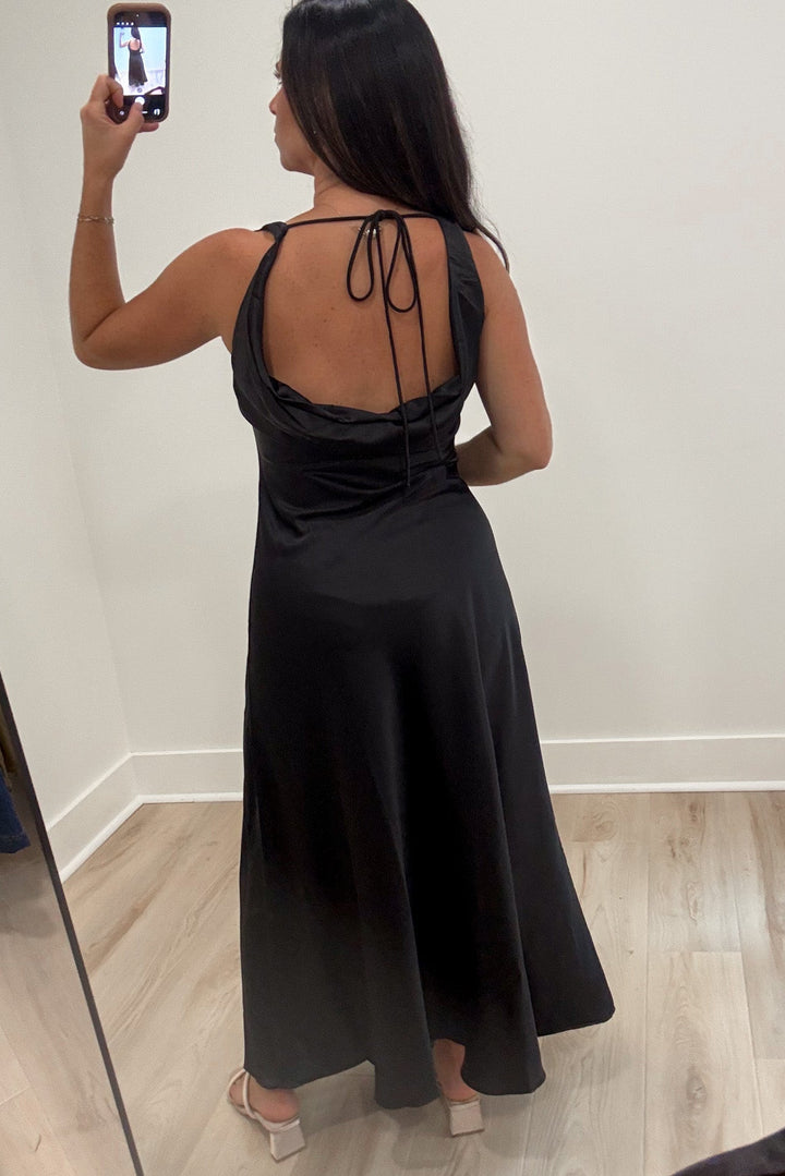 solid black cowl neck sleeveless semi-fitted silhouette tie string back satin-feel maxi dress