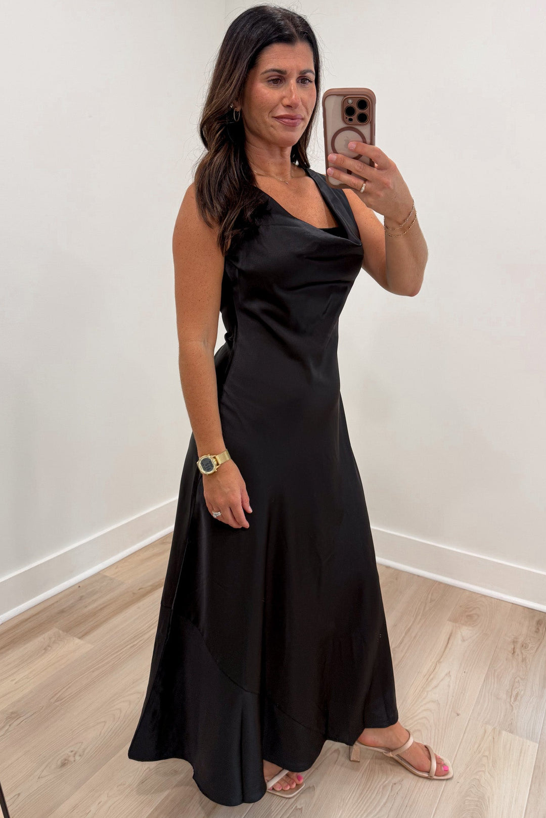 solid black cowl neck sleeveless semi-fitted silhouette satin-feel maxi dress with flowing bottom hem