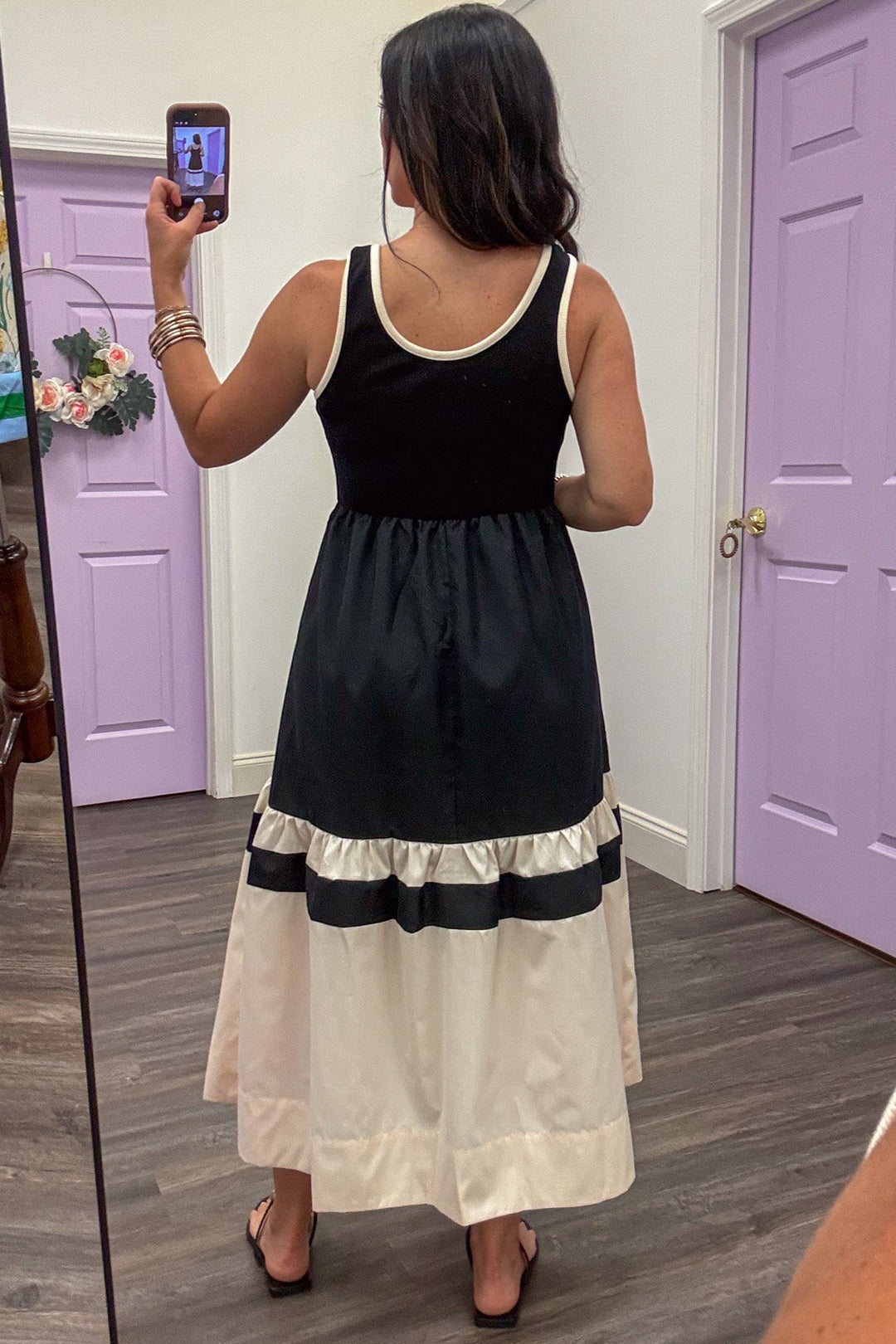 black and cream colorblock sleeveless tiered maxi dress