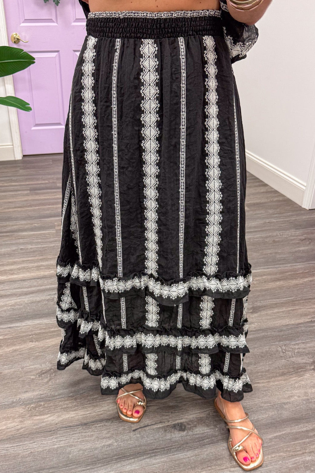 black with cream embroidered striped details ruffle tiered flowy midi skirt