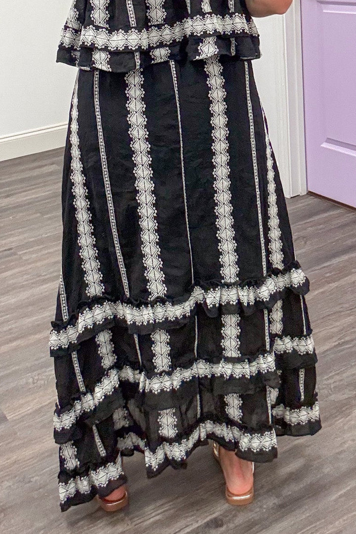 black with cream embroidered striped details ruffle tiered hem midi skirt