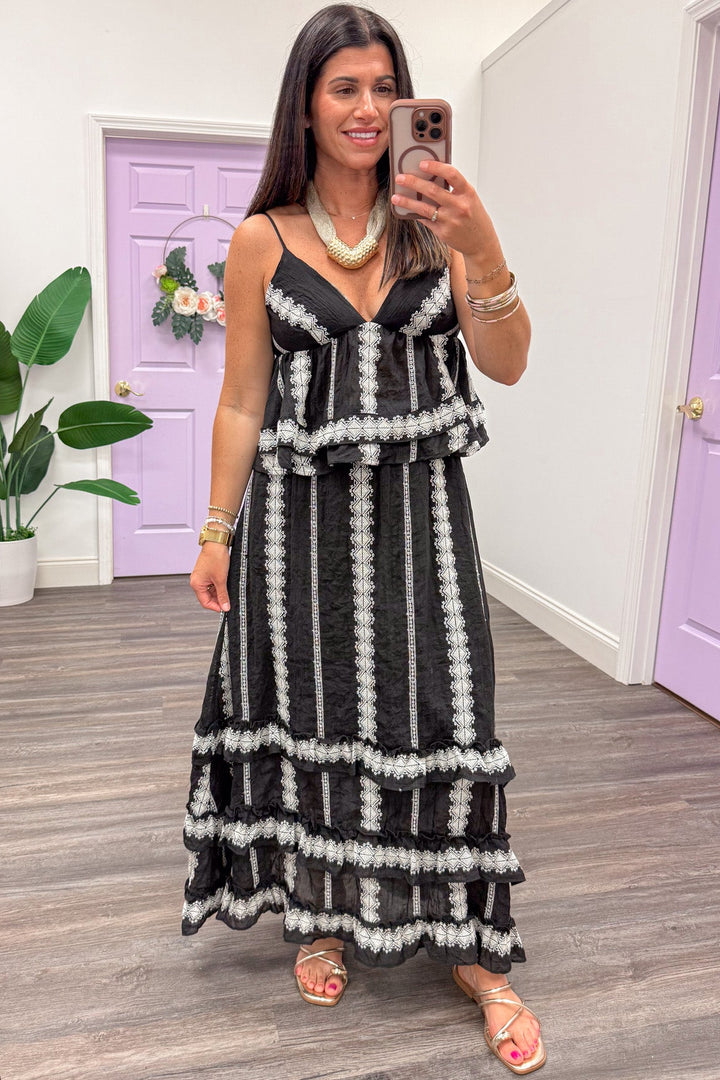 black with cream embroidered striped details ruffle tiered midi skirt
