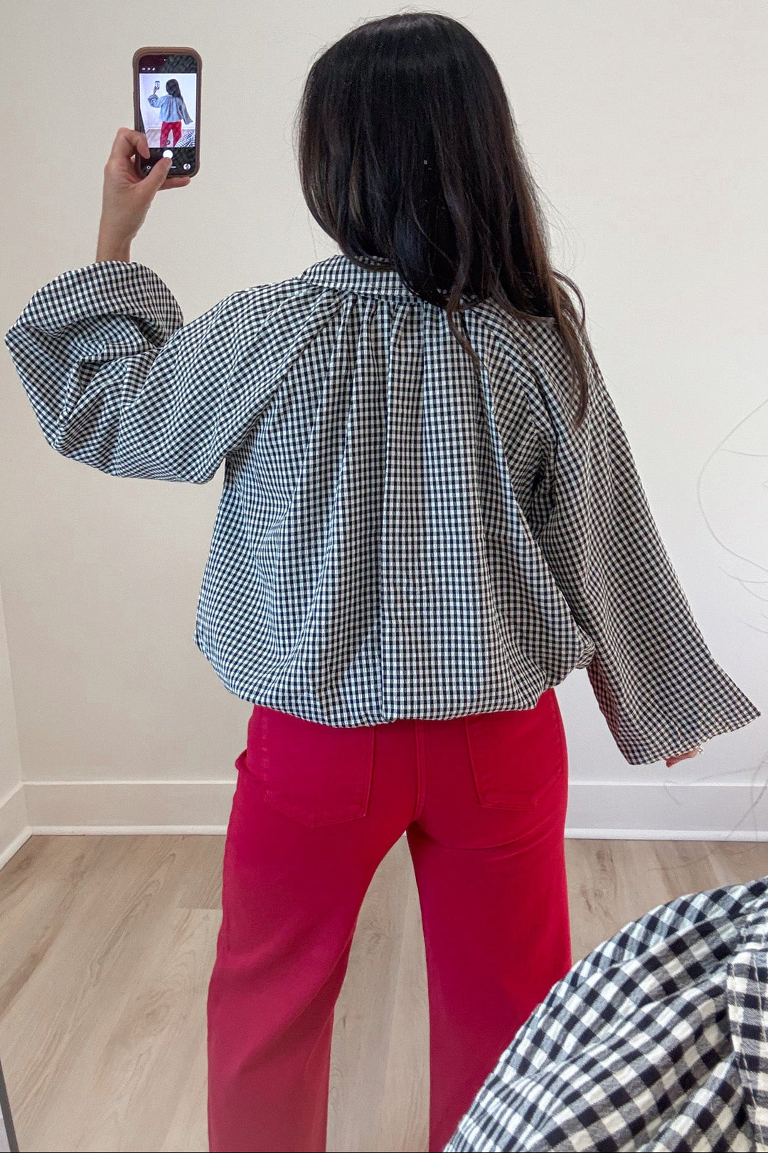 black and cream gingham checkered print semi-cropped lightweight jacket with long balloon sleeves