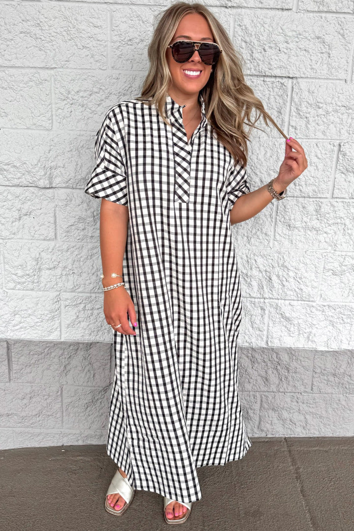black and cream gingham checkered print cuffed short sleeve midi dress with side pockets