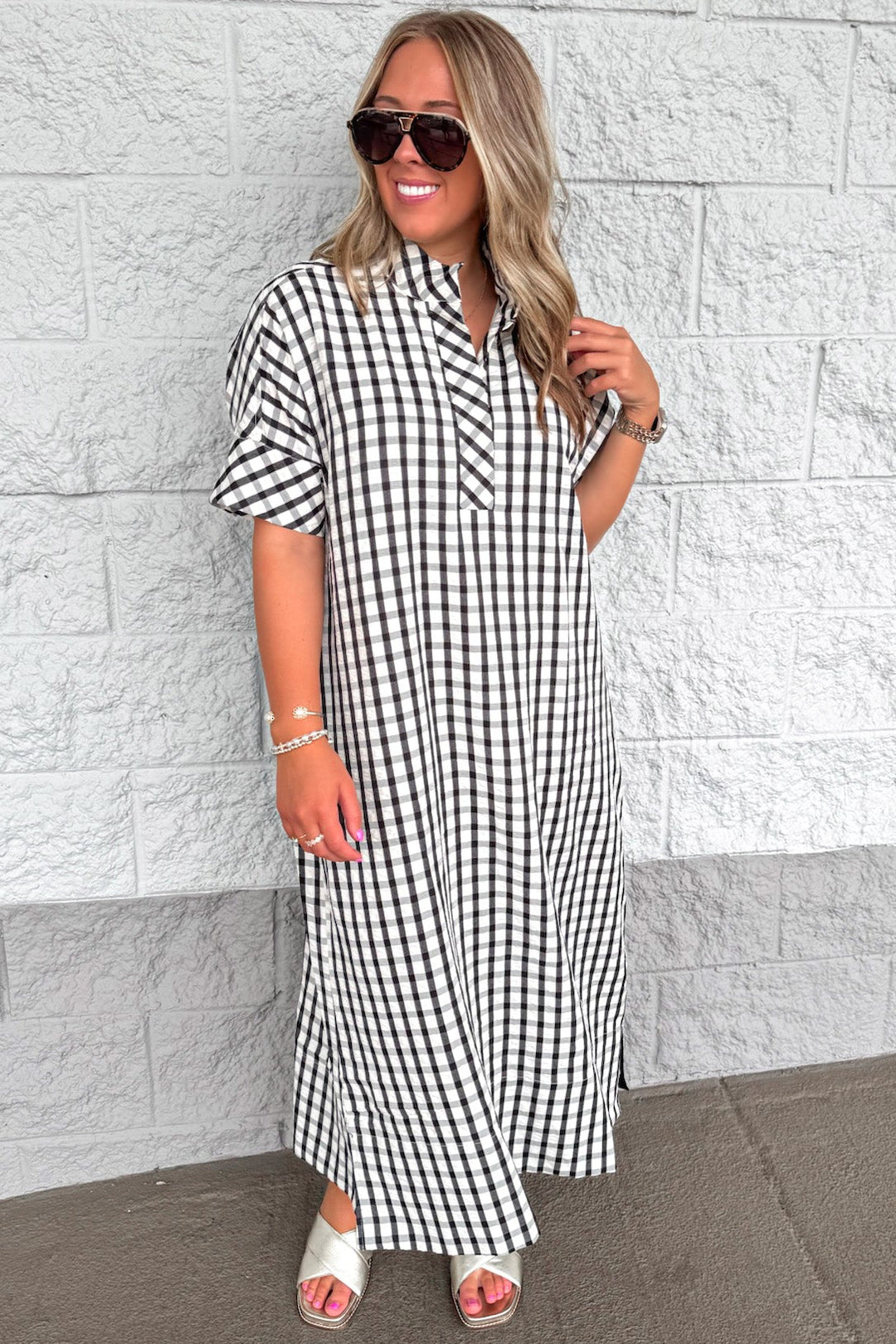 black and cream gingham checkered print mock neck cuffed short sleeve midi dress