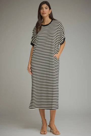 Entro black and off white striped midi dress with dolman sleeves