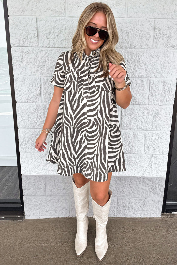 black and cream zebra print short sleeve button front bodice denim short dress