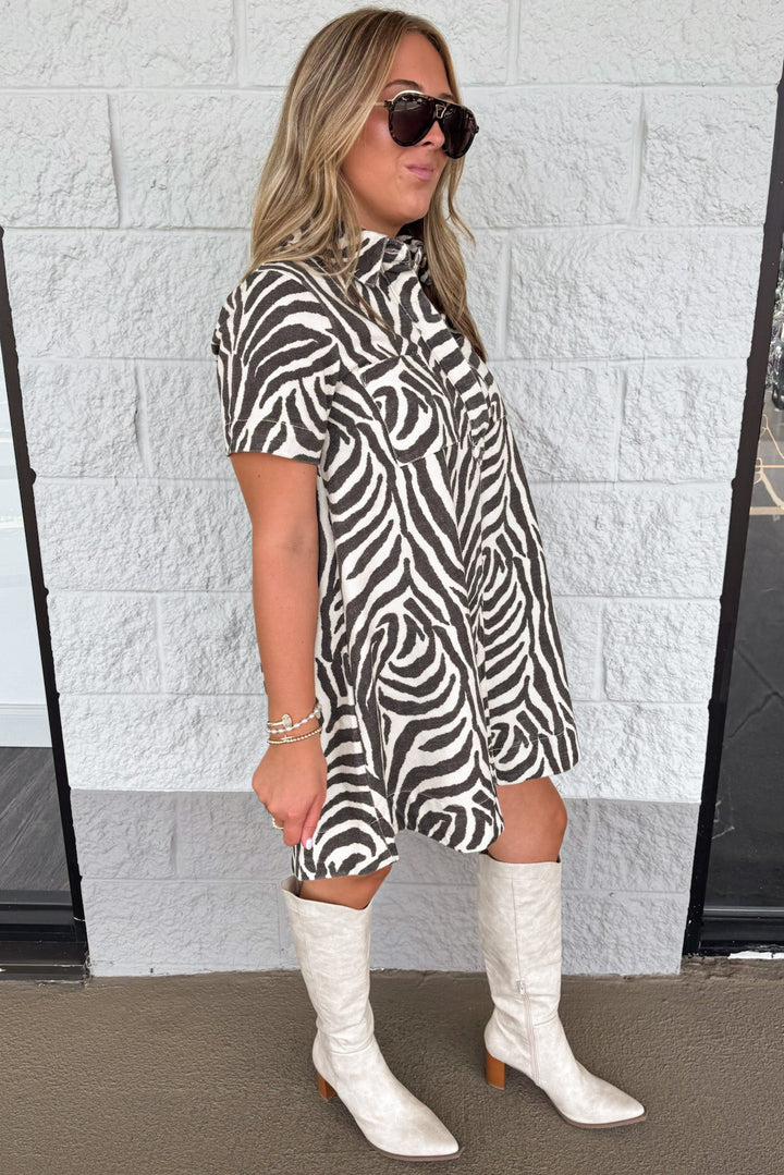 black and cream zebra print short sleeve button front bodice lightweight denim dress