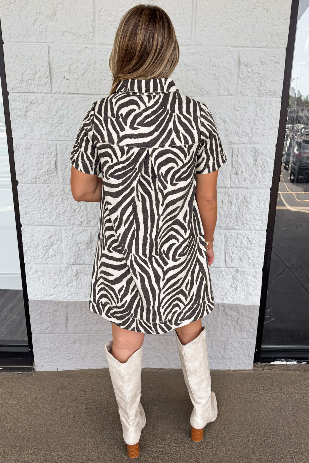black and cream zebra print short sleeve button front bodice denim dress with back gathered detail