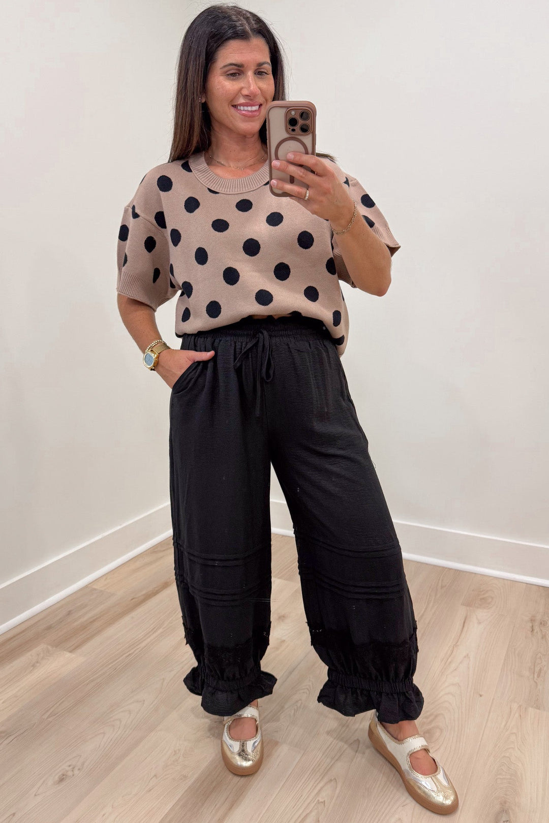 solid black elastic waist wide leg cropped pants with elastic ruffle cuffed ankles