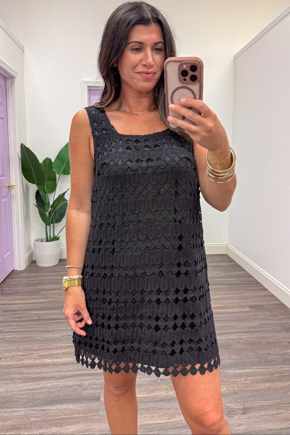 black embroidered sleeveless crew neckline scallop hem short dress