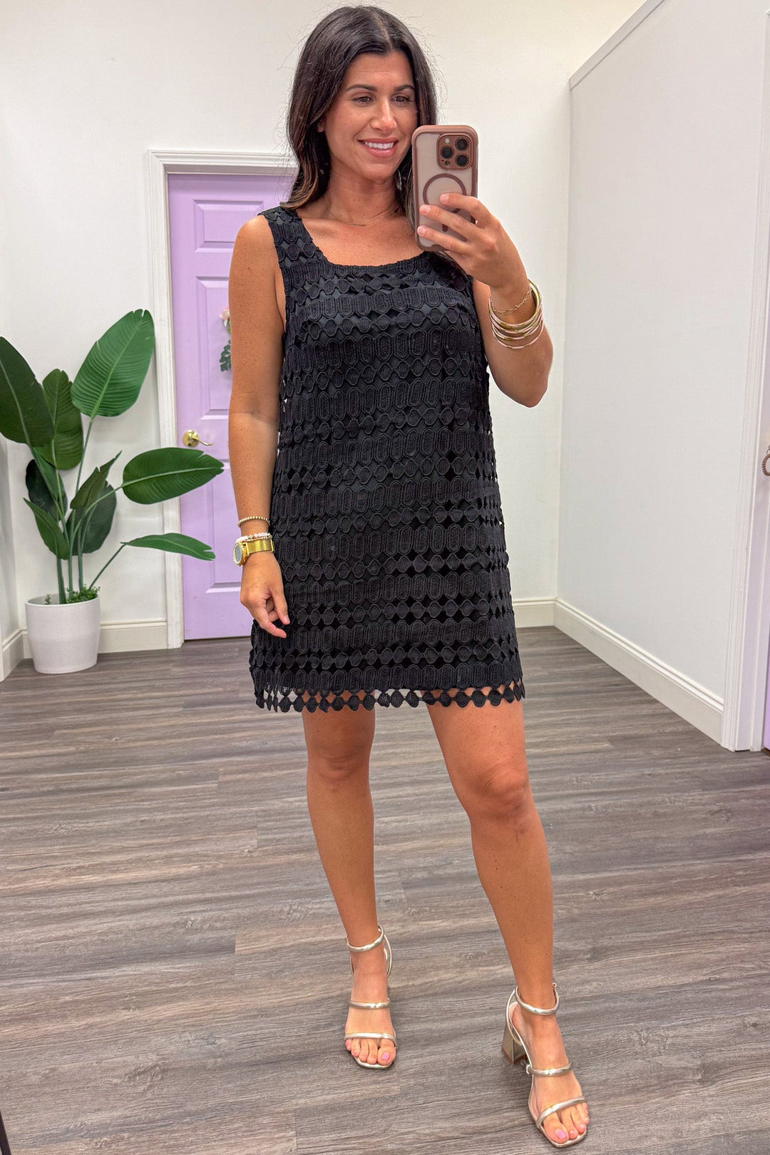 black embroidered sleeveless scalloped bottom hem short dress