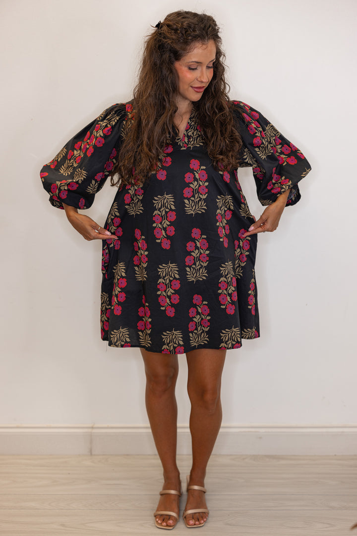 Women's black and magenta floral flowy dress 