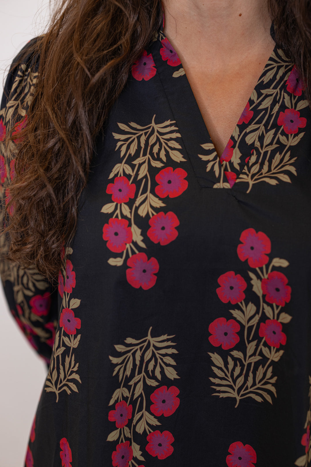 up close detail of floral printed dress