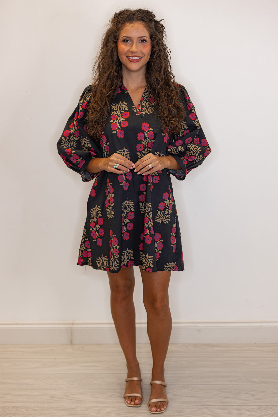 Women's black and magenta floral short dress