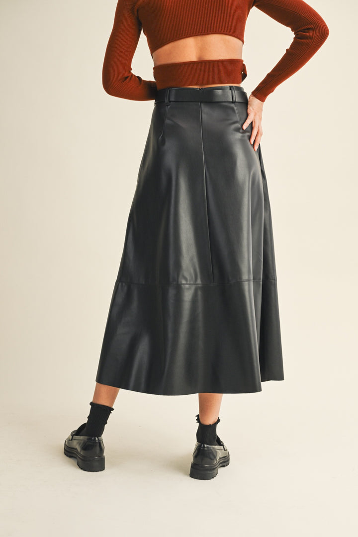 Women's black faux leather flowy midi skirt with belt by Mustard Seed showing back view