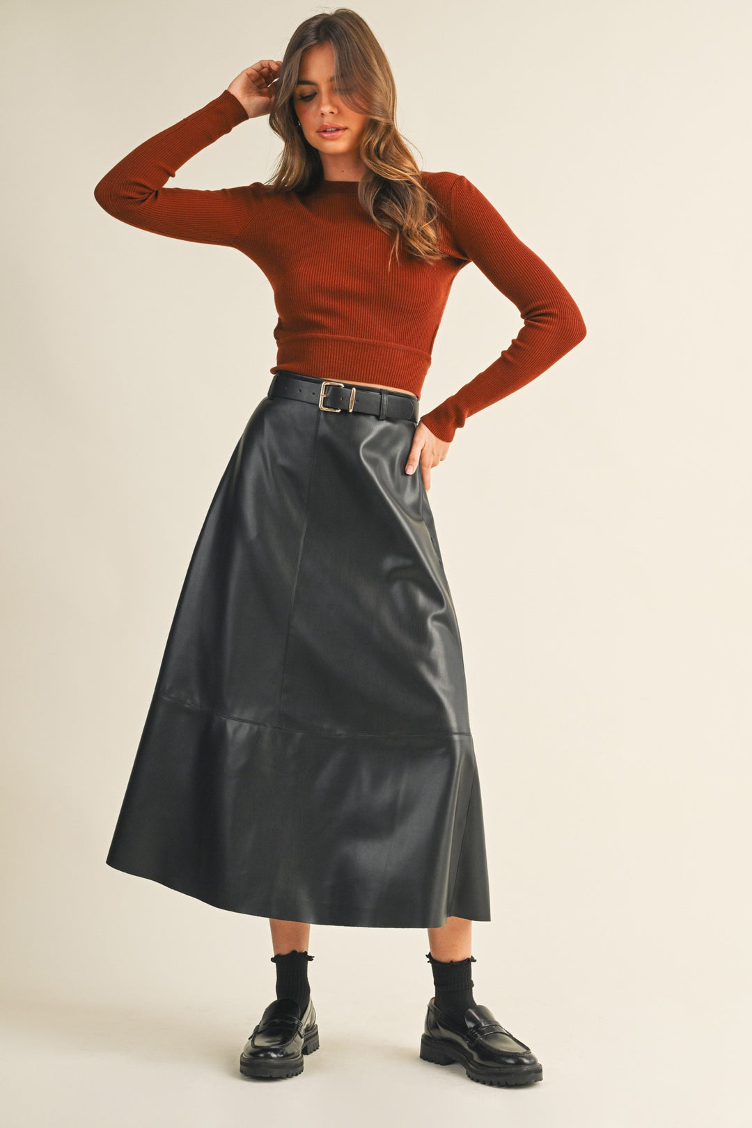 Women's black faux leather flowy midi skirt with belt by Mustard Seed showing full front view