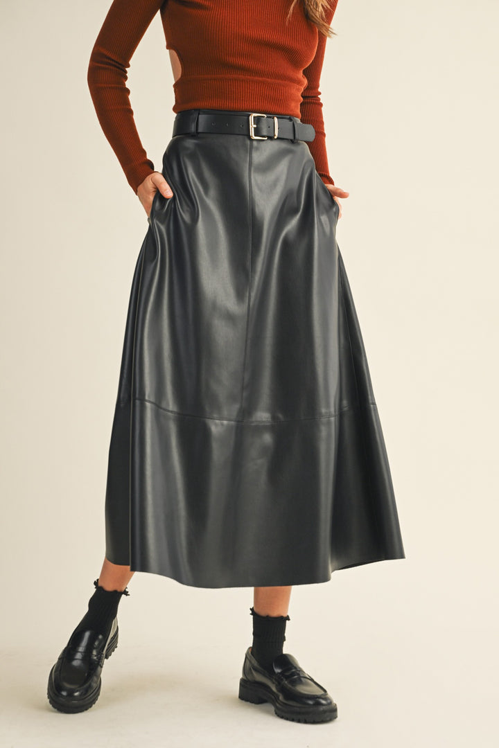 Women's black faux leather flowy midi skirt with belt by Mustard Seed