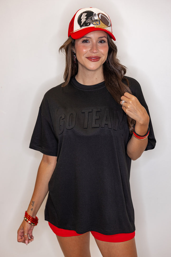 Women's black lightweight top with embossed 'Go Team' in center by Jess Lea