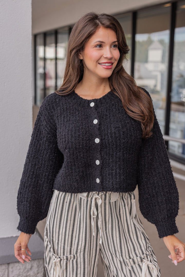 Women's black fuzzy knit textured button front sweater cardigan by hyfve
