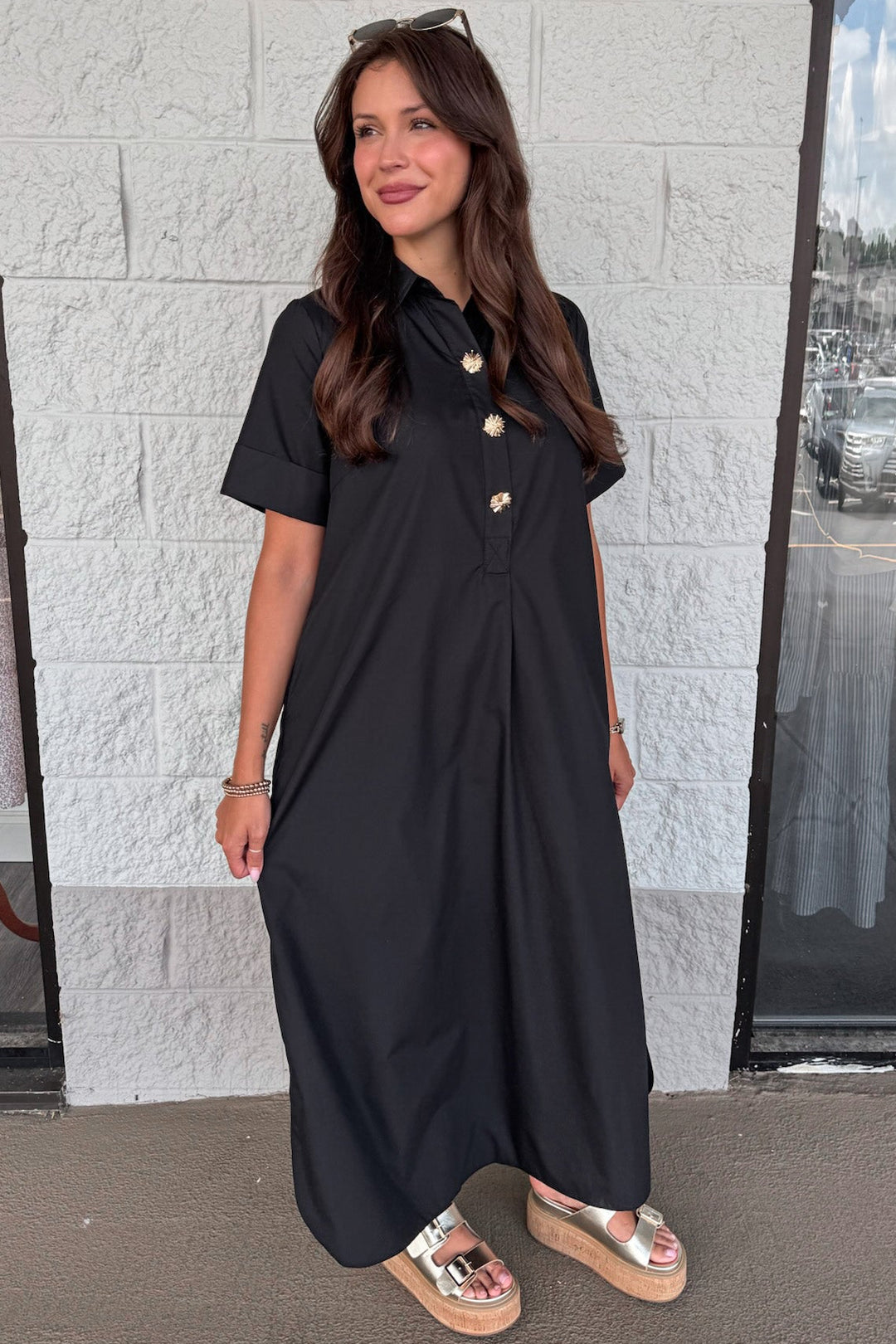 solid black with gold decorative bodice buttons collared v neckline short sleeve midi dress