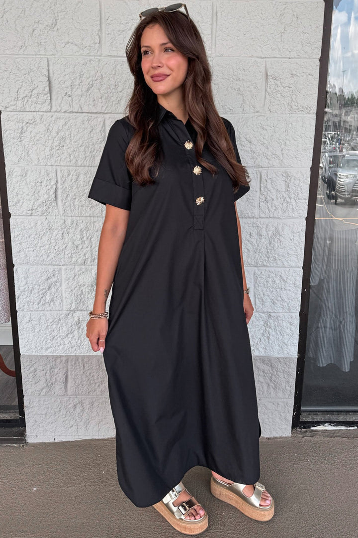 solid black with gold decorative bodice buttons collared v neckline short sleeve midi dress