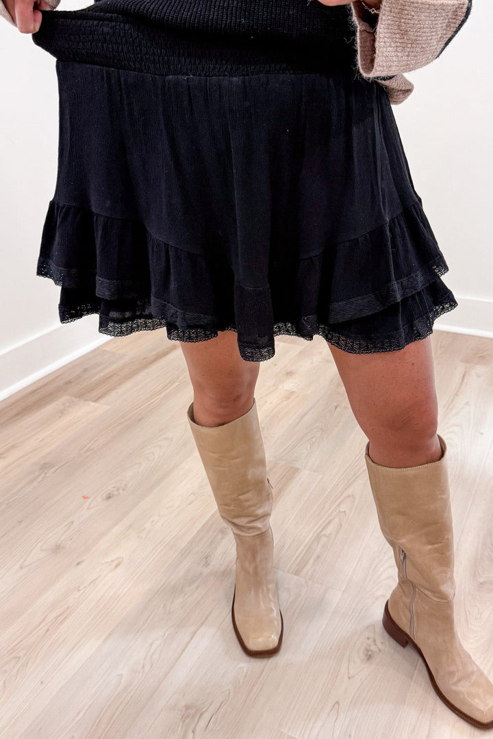 solid black lace trimmed shorts lined elastic waistband tiered mini skort