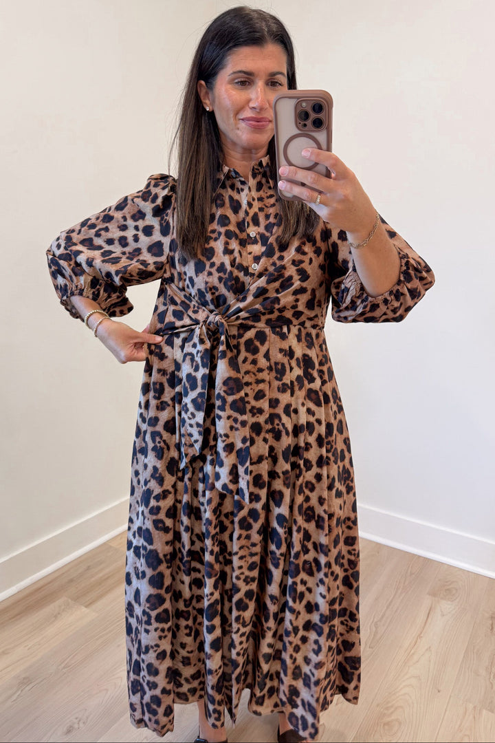 brown and black leopard print button front bodice wrap tie waist balloon sleeve midi dress