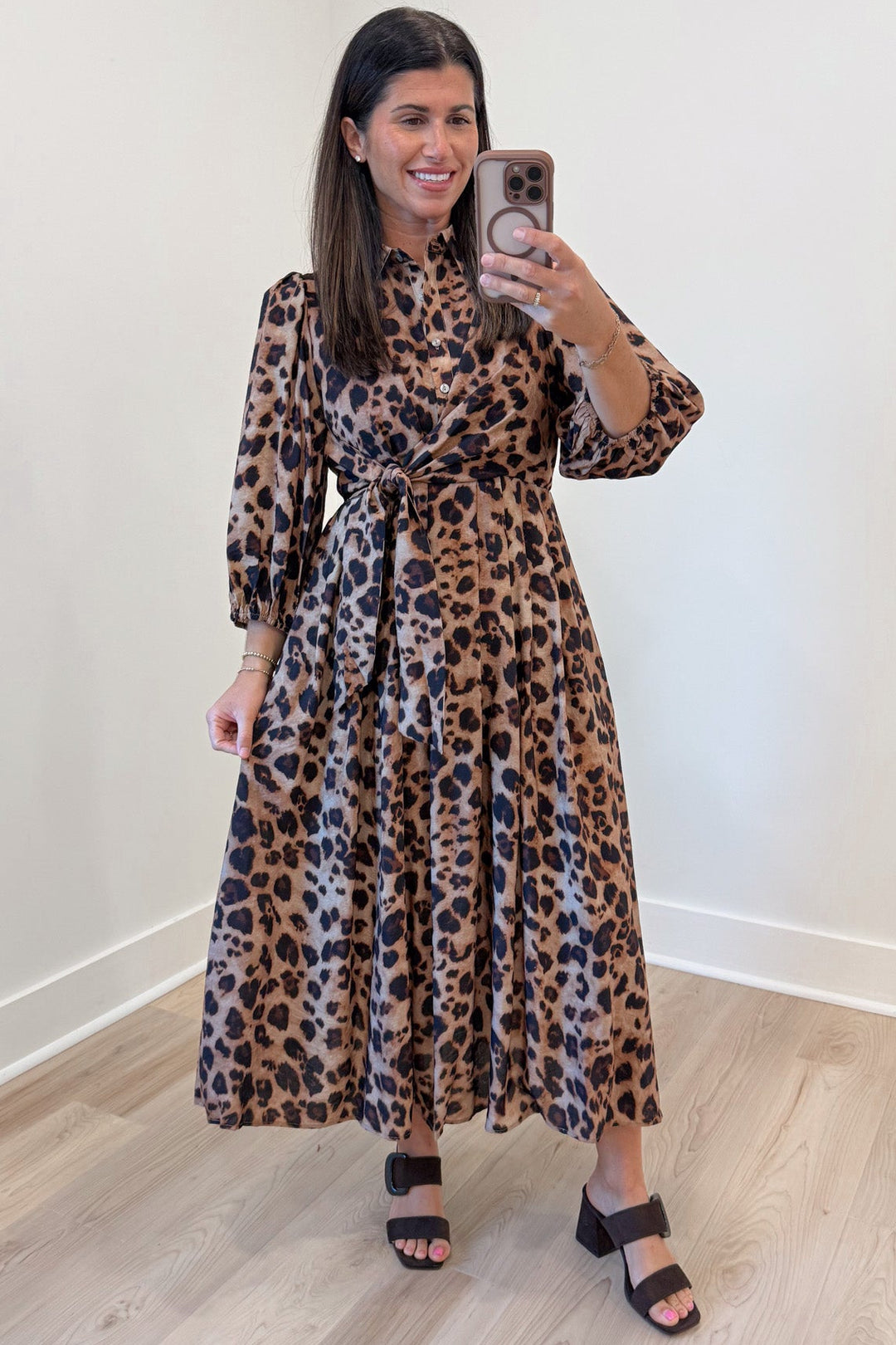 brown and black leopard print button front bodice wrap tie waist midi dress