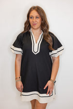 black linen contrast shift dress