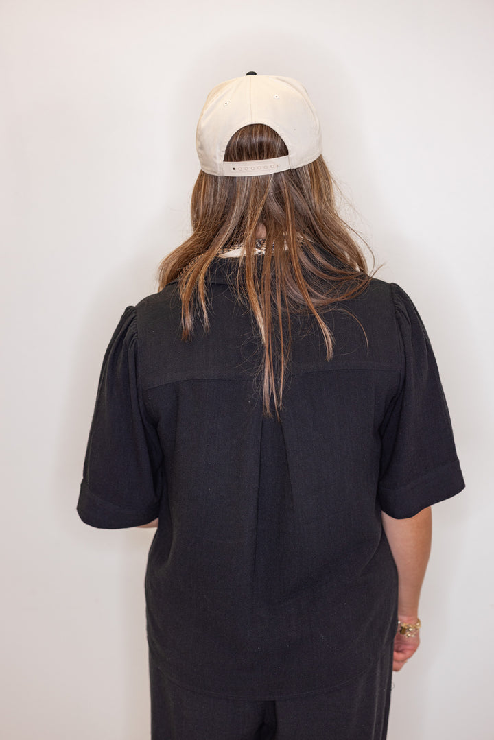 Women's black linen bow tie top and elastic waist wide leg pants set by Jodifl   showing up close back view of top