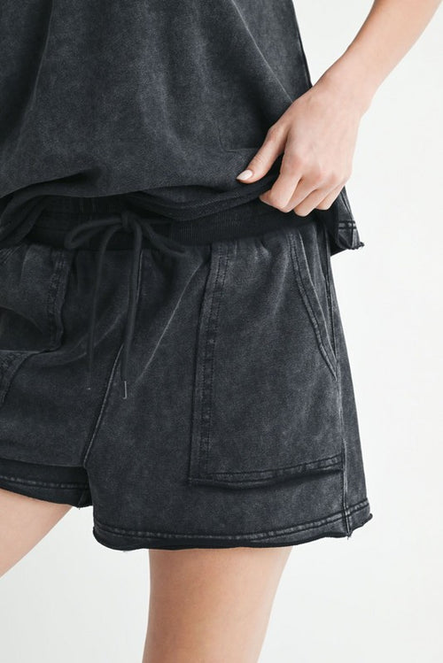 black matching shorts set loungewear