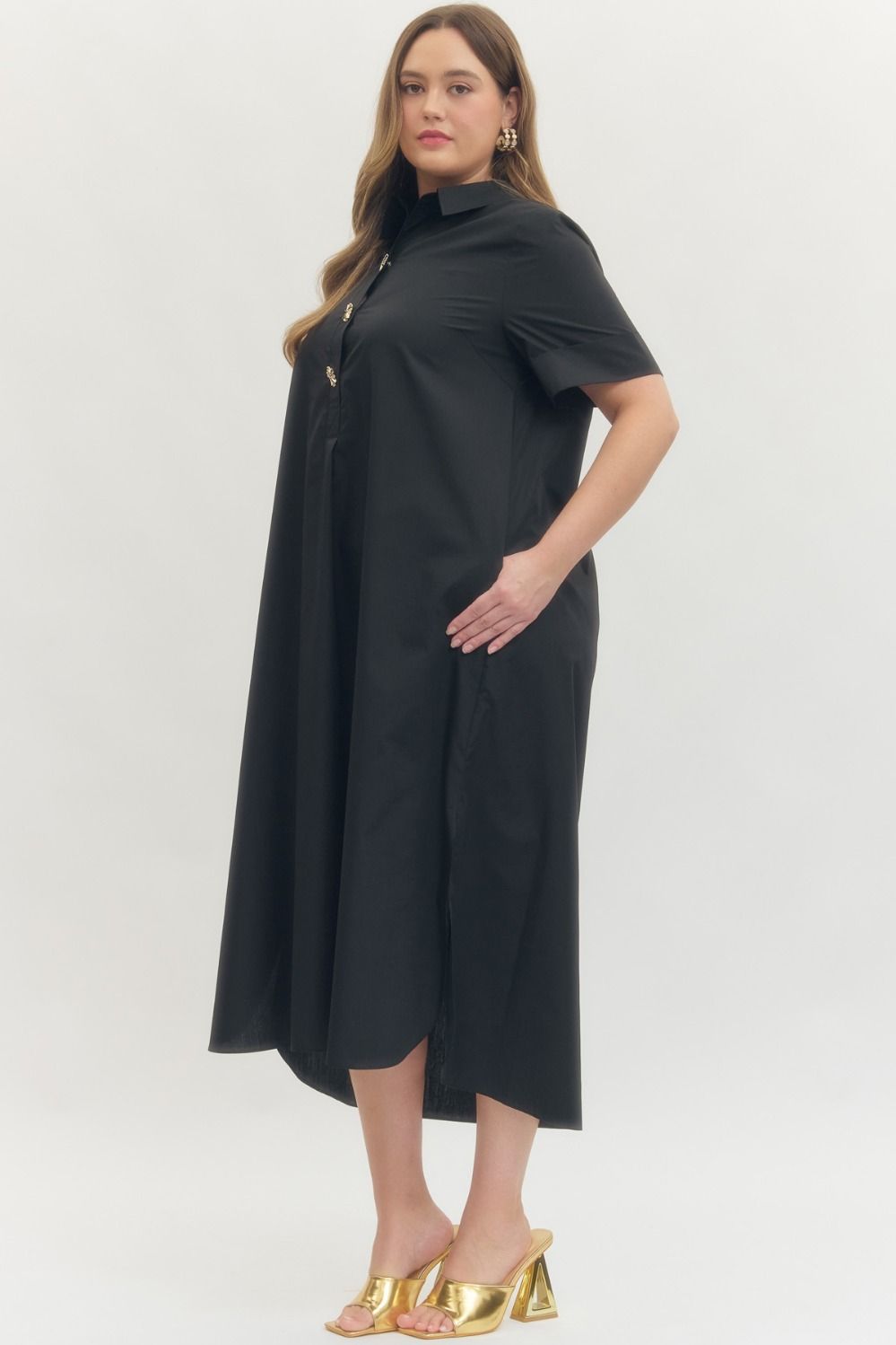 Entro plus size black midi dress with gold decorative snap bodice, collar and flowy silhouette