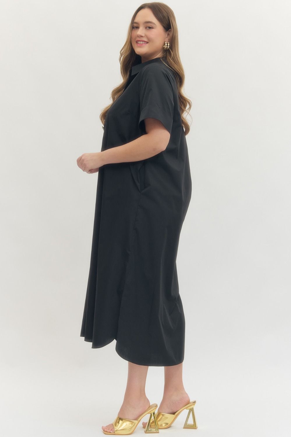 Entro black midi dress with gold decorative snap bodice, collar and side slits