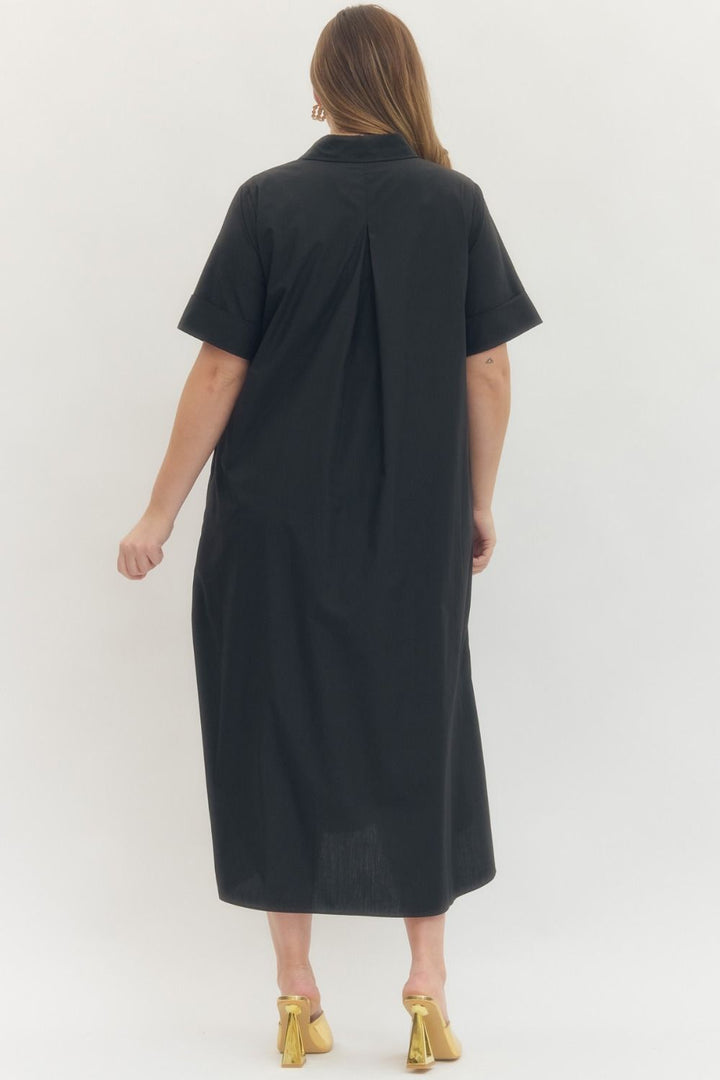 Entro plus size black midi dress with gold decorative snap bodice, collar and pleated detail in back