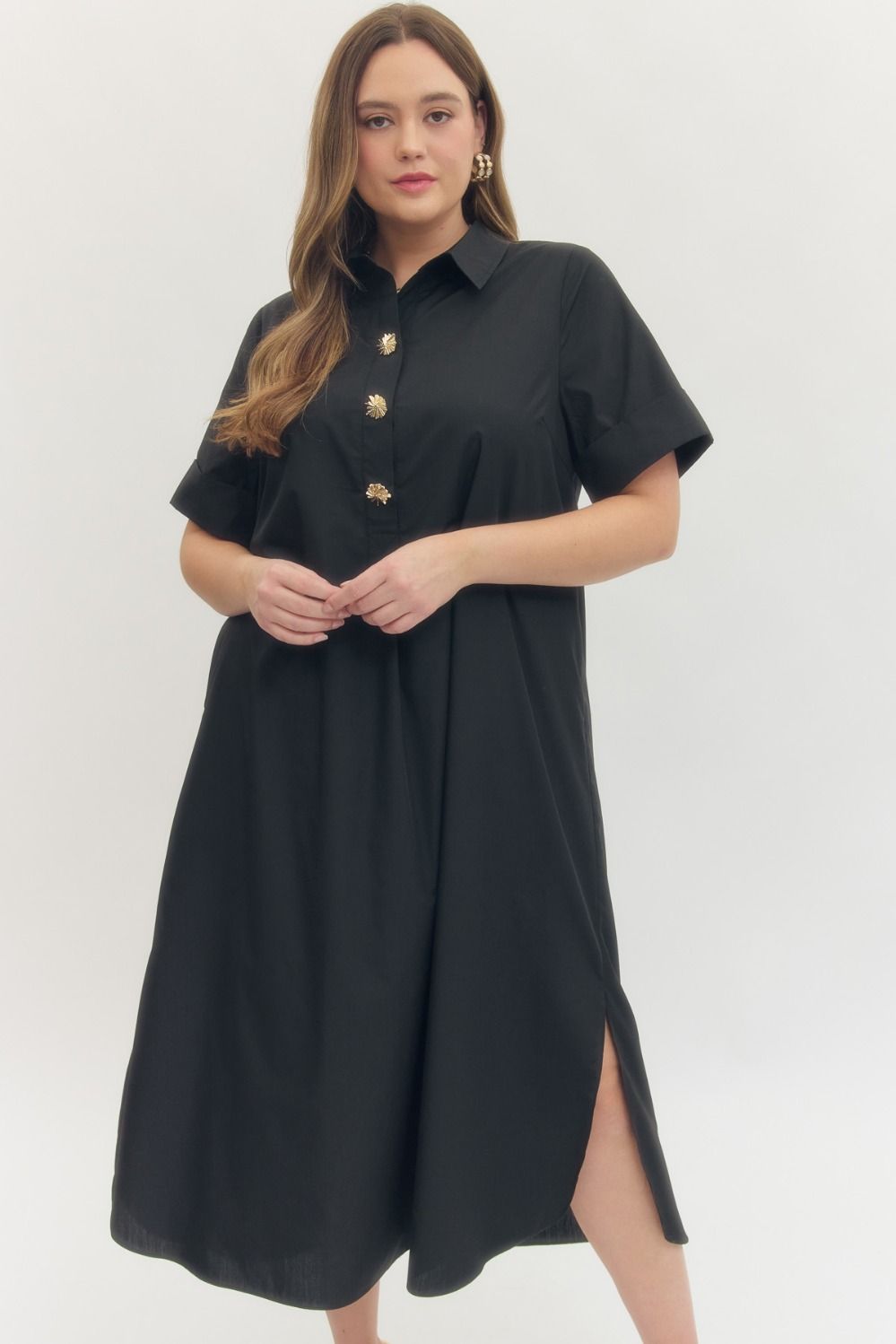 Entro plus size black midi dress with gold decorative snap bodice, collar and flattering fit
