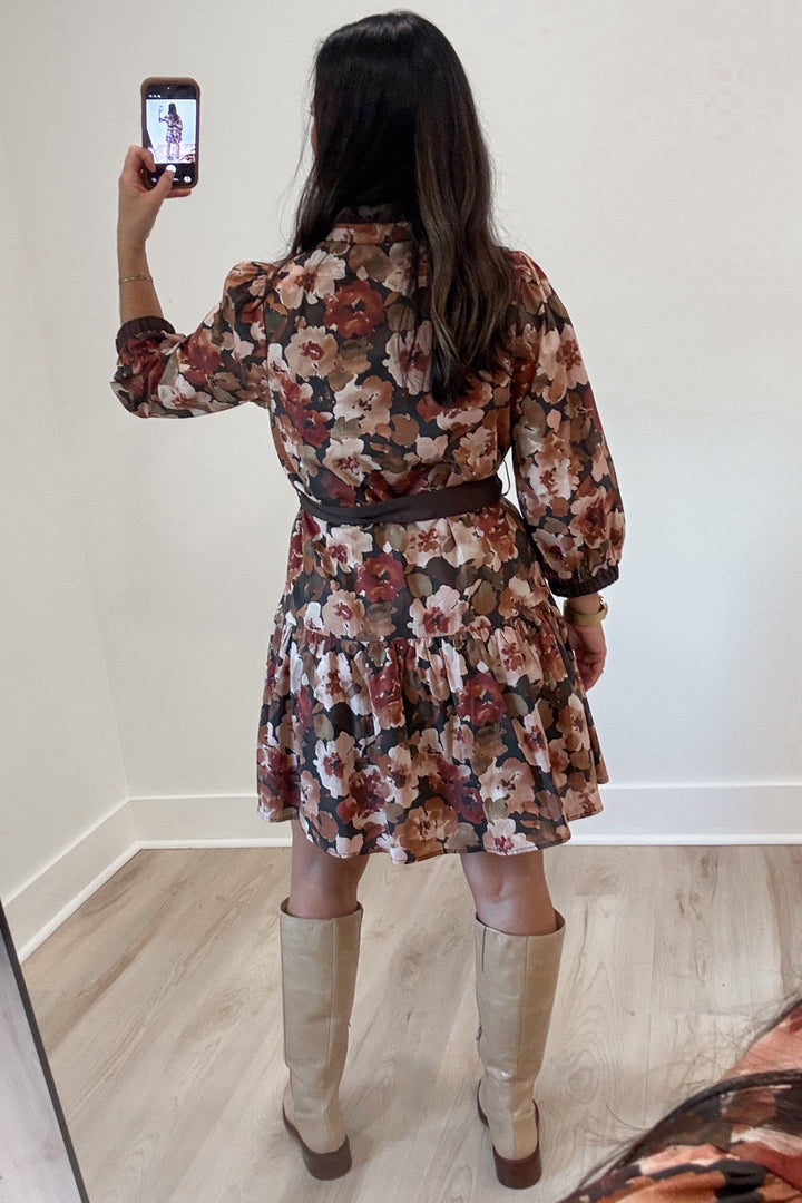 black and multicolored floral print with brown trim belted waist long balloon sleeve short dress