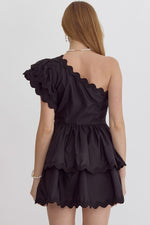 Entro Black one shoulder dress with black scalloped piping trim