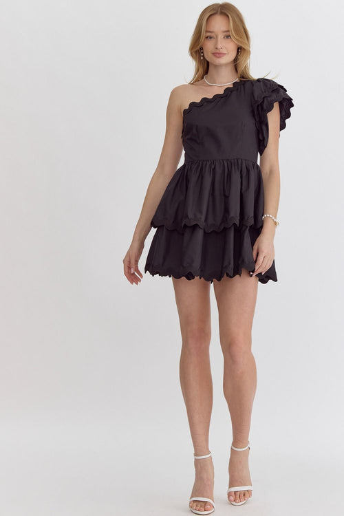 Entro Black one shoulder dress with black scalloped piping trim